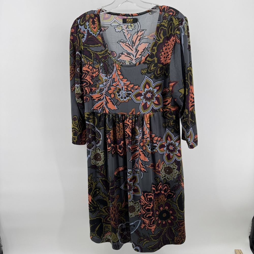 R&B Collection Dress Womens L Multicolor Floral 3/4 Sleeve Fit Flare Boho Jersey